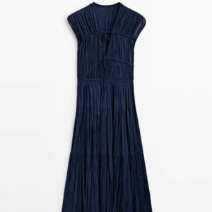 Massimo Dutti Pleated Grecian Navy Maxi Dress, Size S